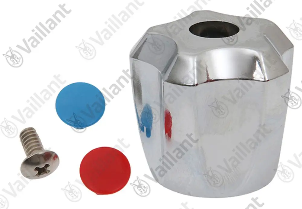 Chromatischer Knopf von Vaillant mit zwei farbigen Abdeckungen (rot und blau) sowie einer Schraube, auf neutralem Hintergrund.